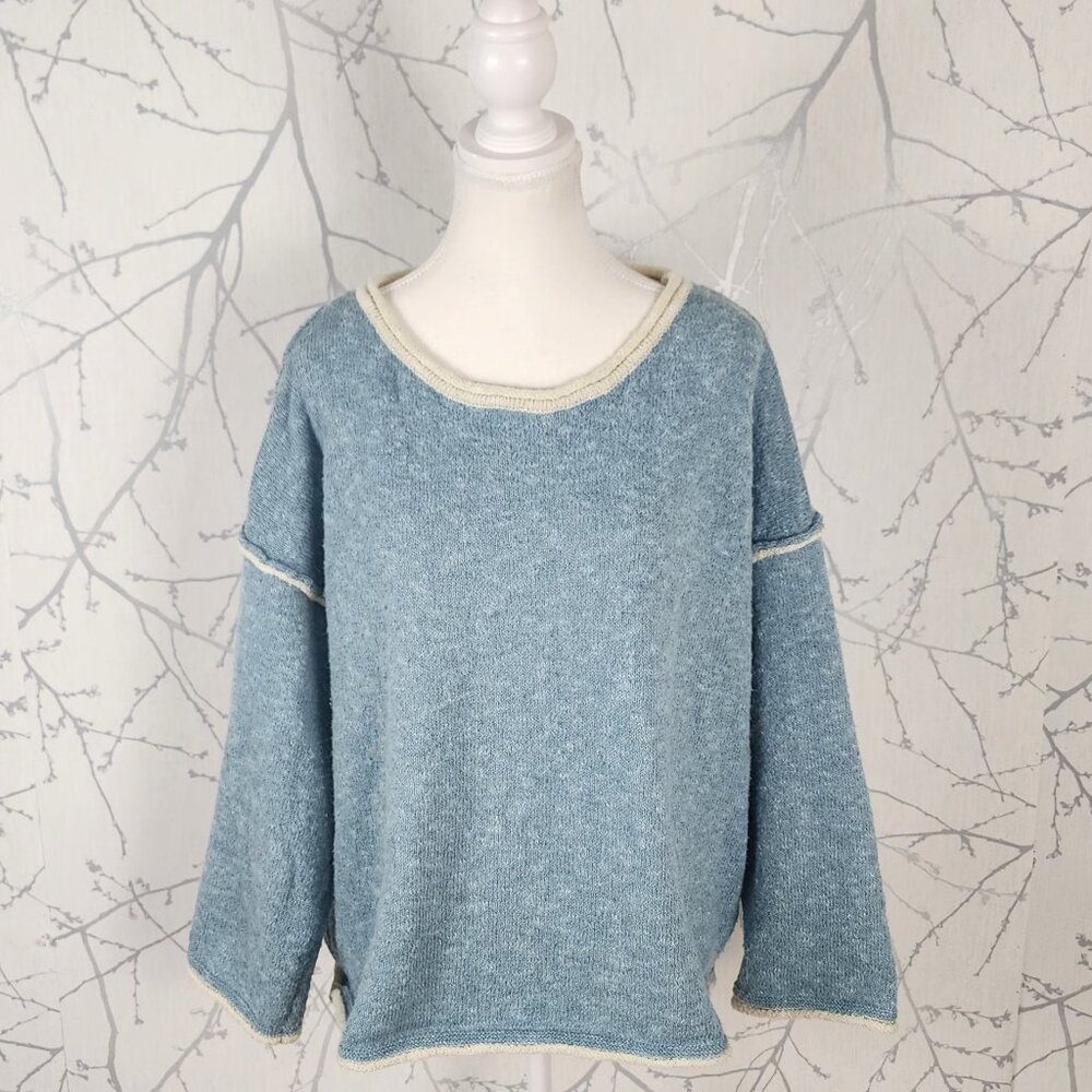 Miracle Blue Cotton Linen Knit Round Neck Boxy Fit Sweater